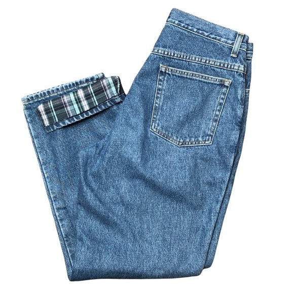 L.L. Bean original fit relaxed jeans lined flannel purple plaid high waist 12 - Picture 1 of 6